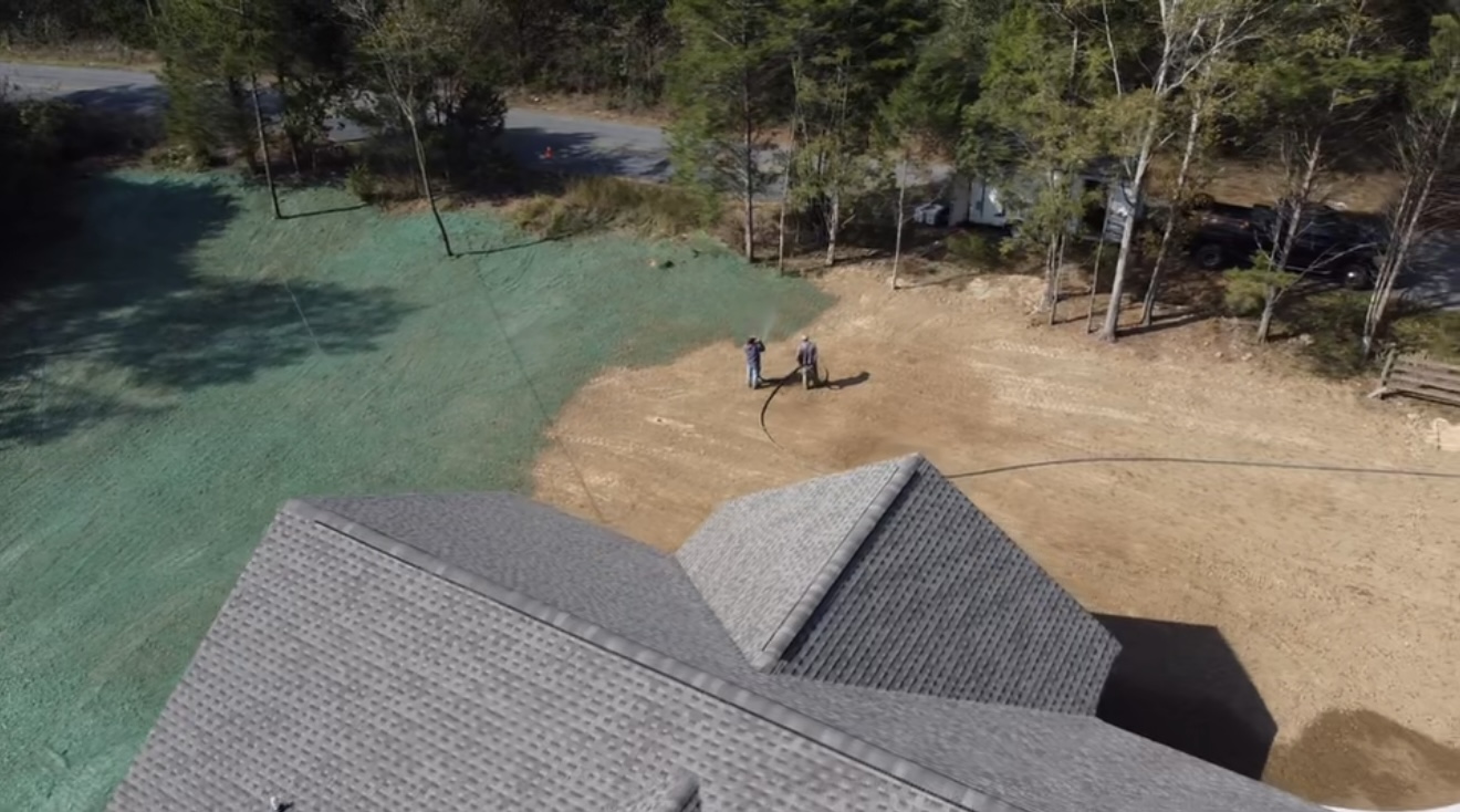 Aerial view of crew hydroseeding